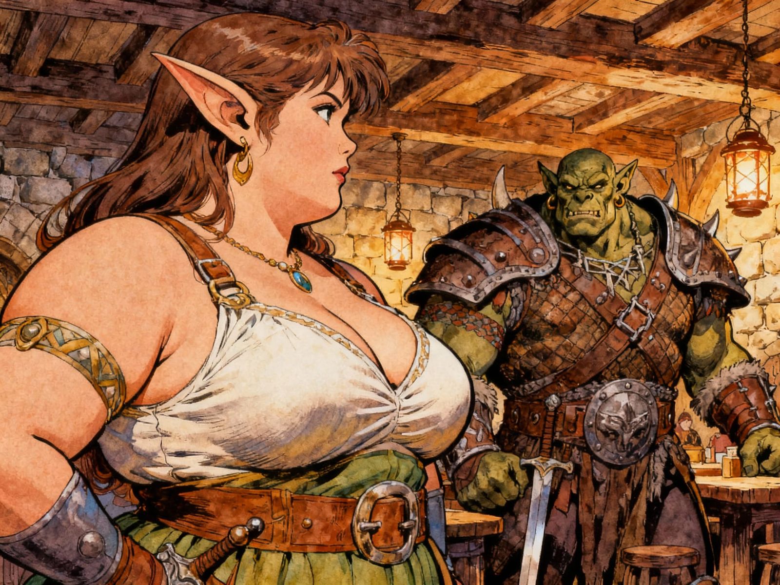 Chubby Elf and Orc in Medieval Tavern Comic Art
