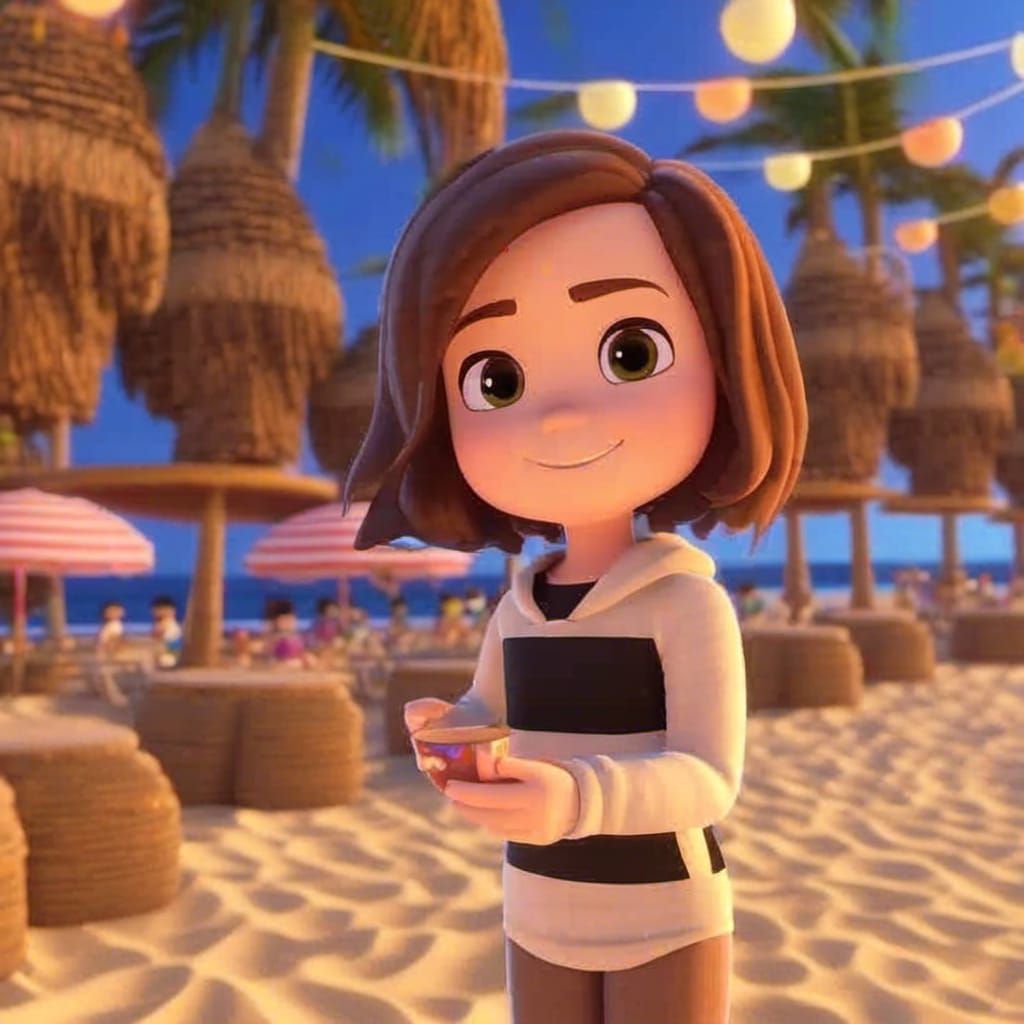 Chibi Anime Character at Beach Party in 3D