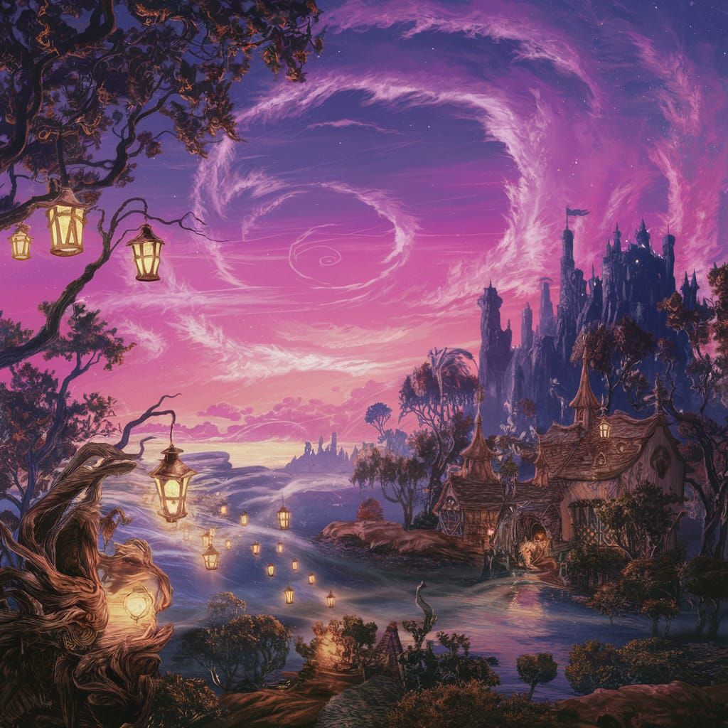 Fantasy Fairy Village with Pink Sky, Matte Painting