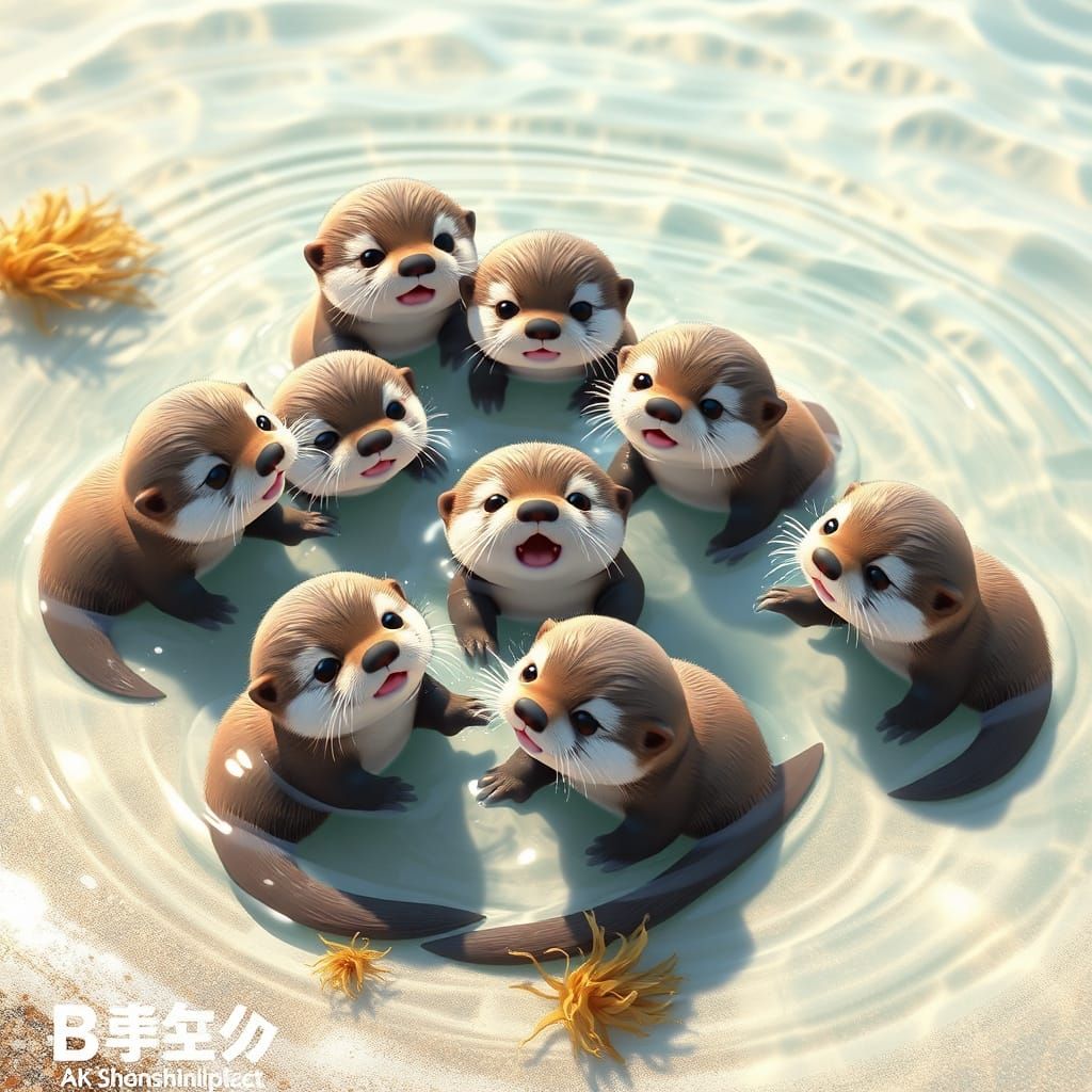 Whimsical Sea Otter Pups Play in a Shallow Coastal Paradise