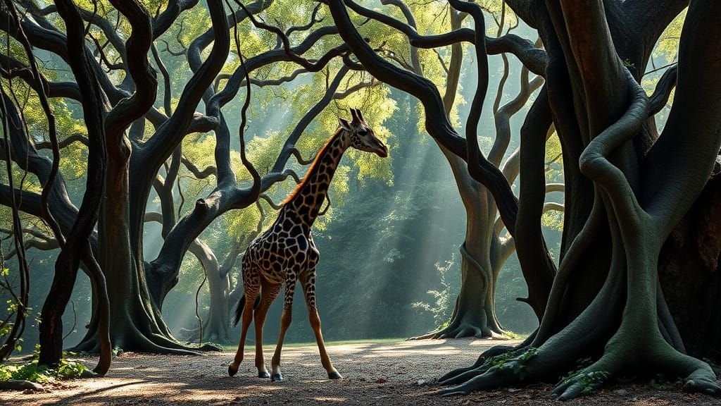 Giraffe in Hyperrealistic Fantasy Forest