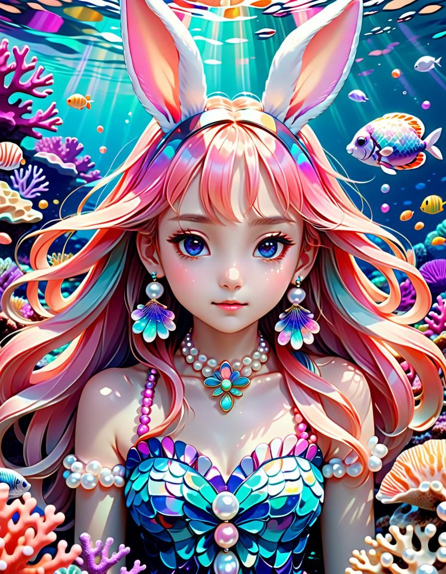 Anime Mer-Bunny with Pearl Jewelry in Coral Reef