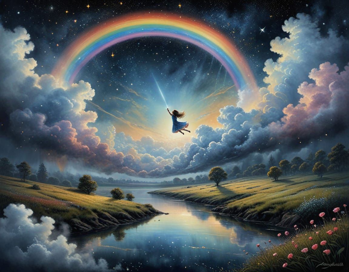 Surrealistic Watercolor Painting of a Girl Flying in the Sky