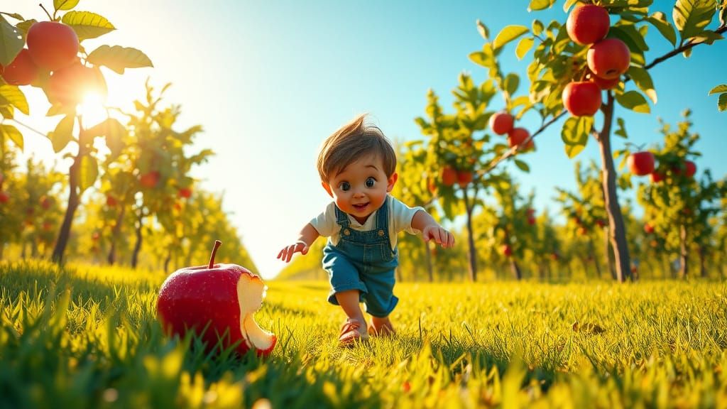 Boy Chases Vibrant Apple in Whimsical Summer Landscape