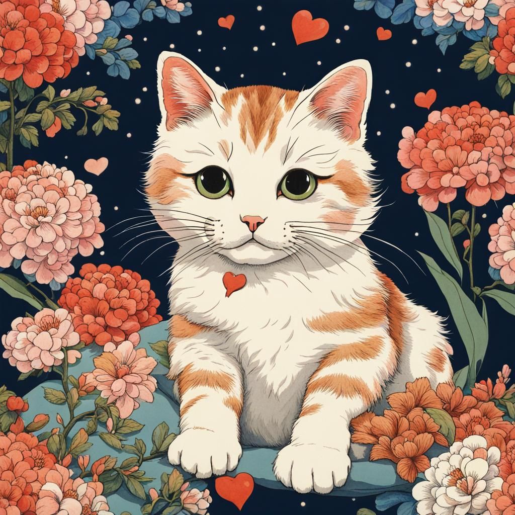 Cute Cat Surrounded by Flowers in Ukiyo-e Style