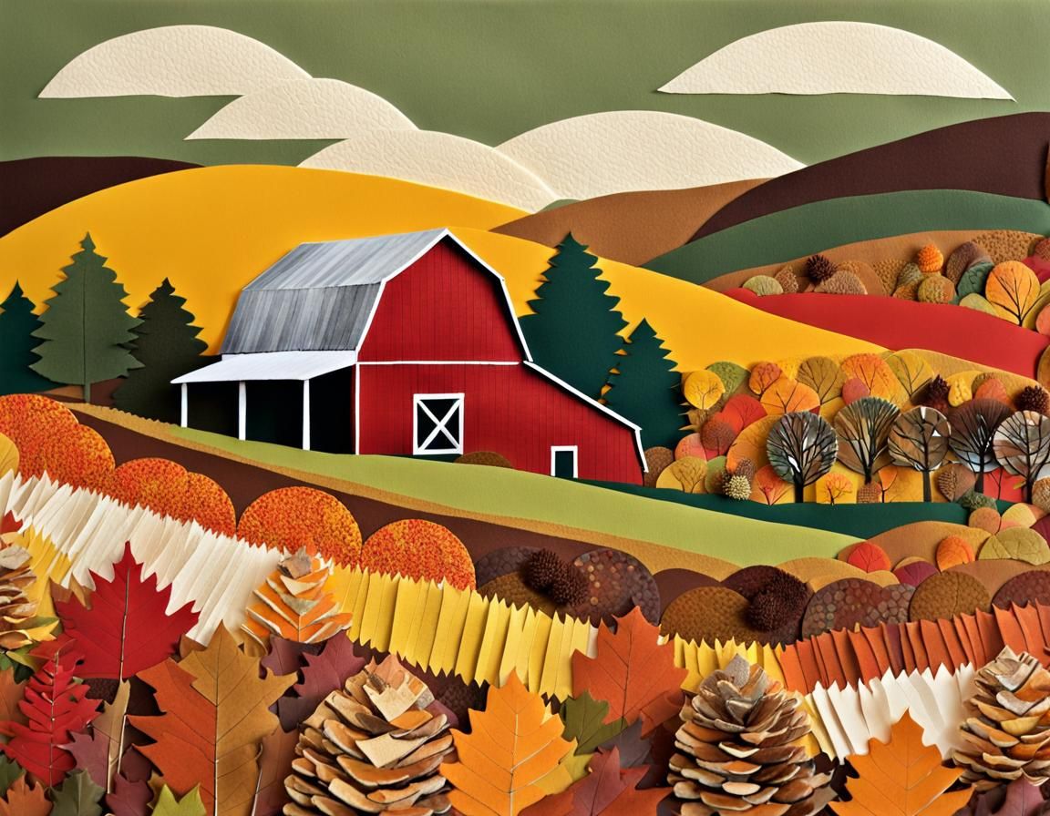 Autumn Barn Collage: Mixed Media Folk Art