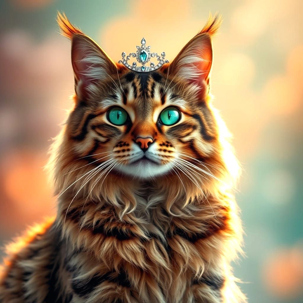Majestic Brown Tabby Cat in Regal Tiara, Golden Light