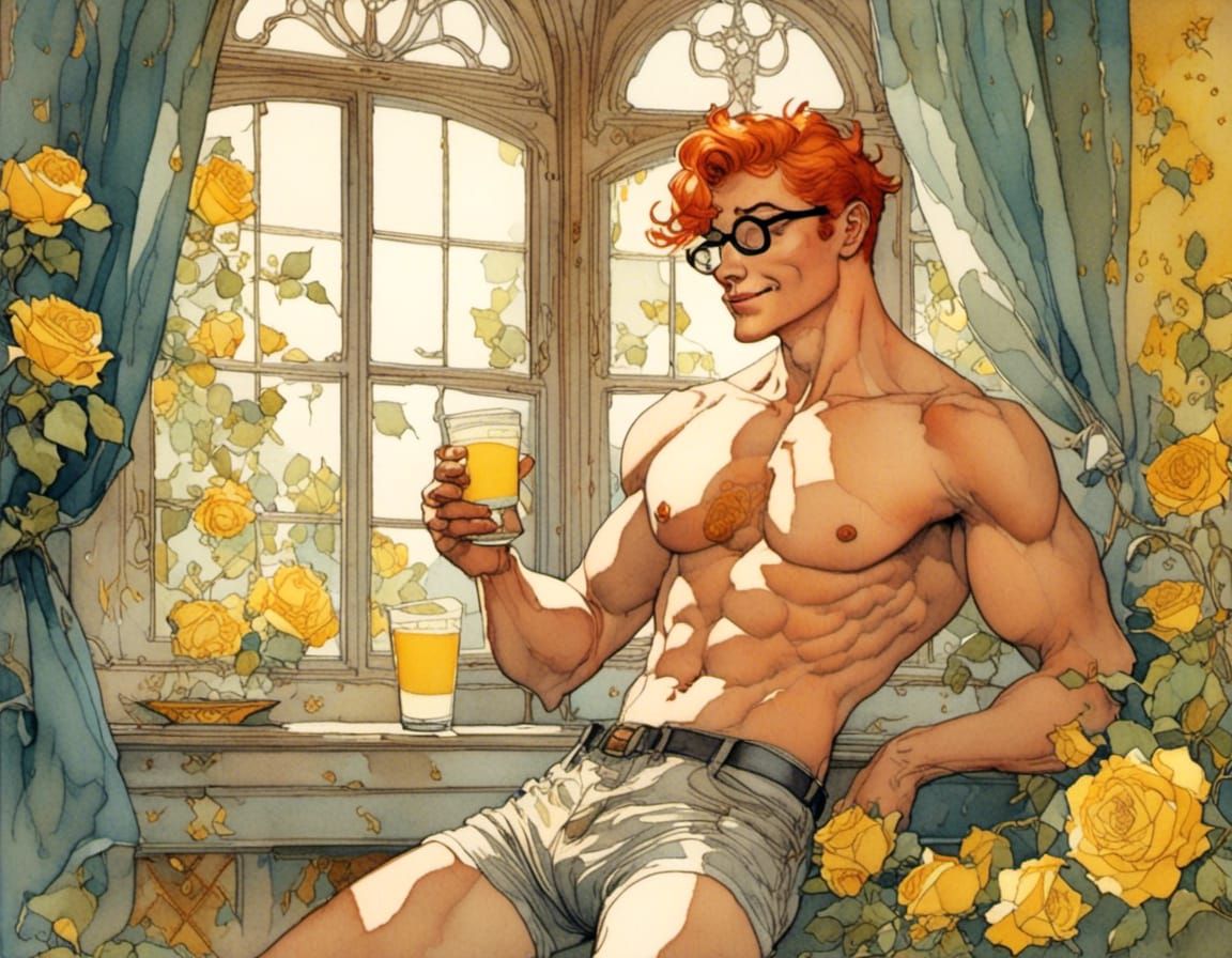 Redhead Hunk Drinking Milk, Romantic Watercolor Style