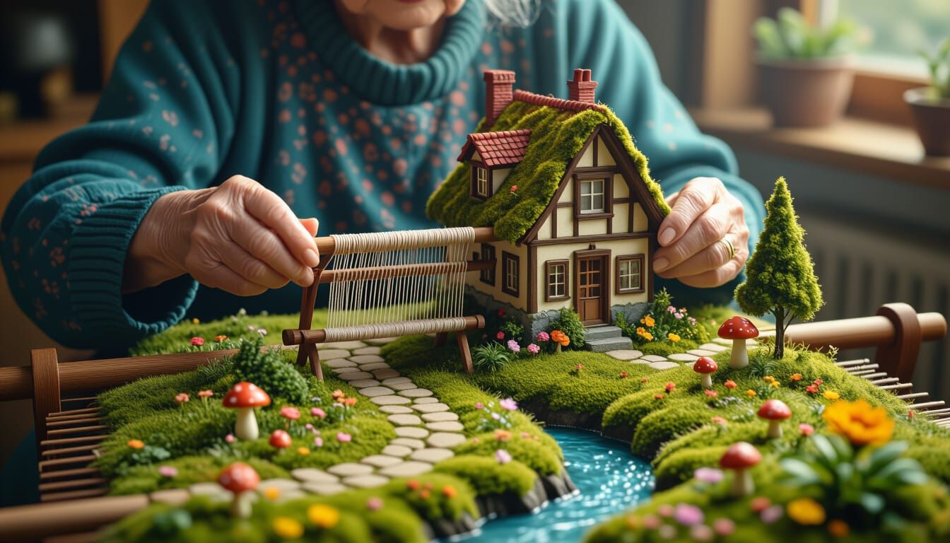 Old Woman Weaves Miniature Landscape Inside Loom