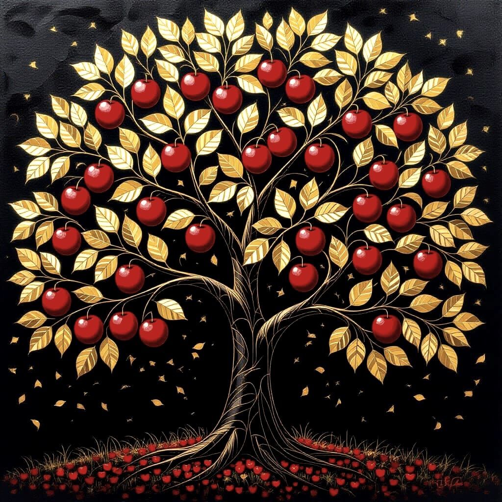 Golden Apple Tree at Night as Oil Painting