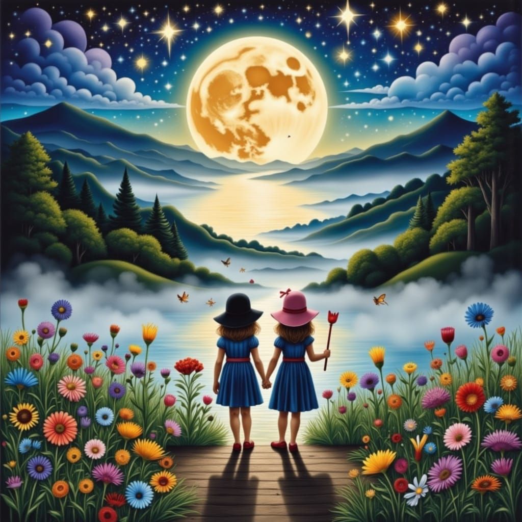 Children Conjure Magic in Luminous Fantasy Landscape