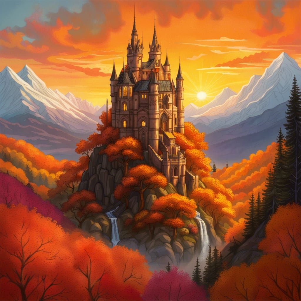 High Gothic Castle Above Golden Forest at Sunset