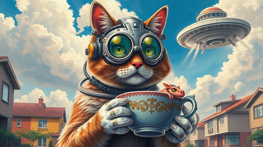 Cyberpunk Cat Rescues Teacup Dragon in Neo-City