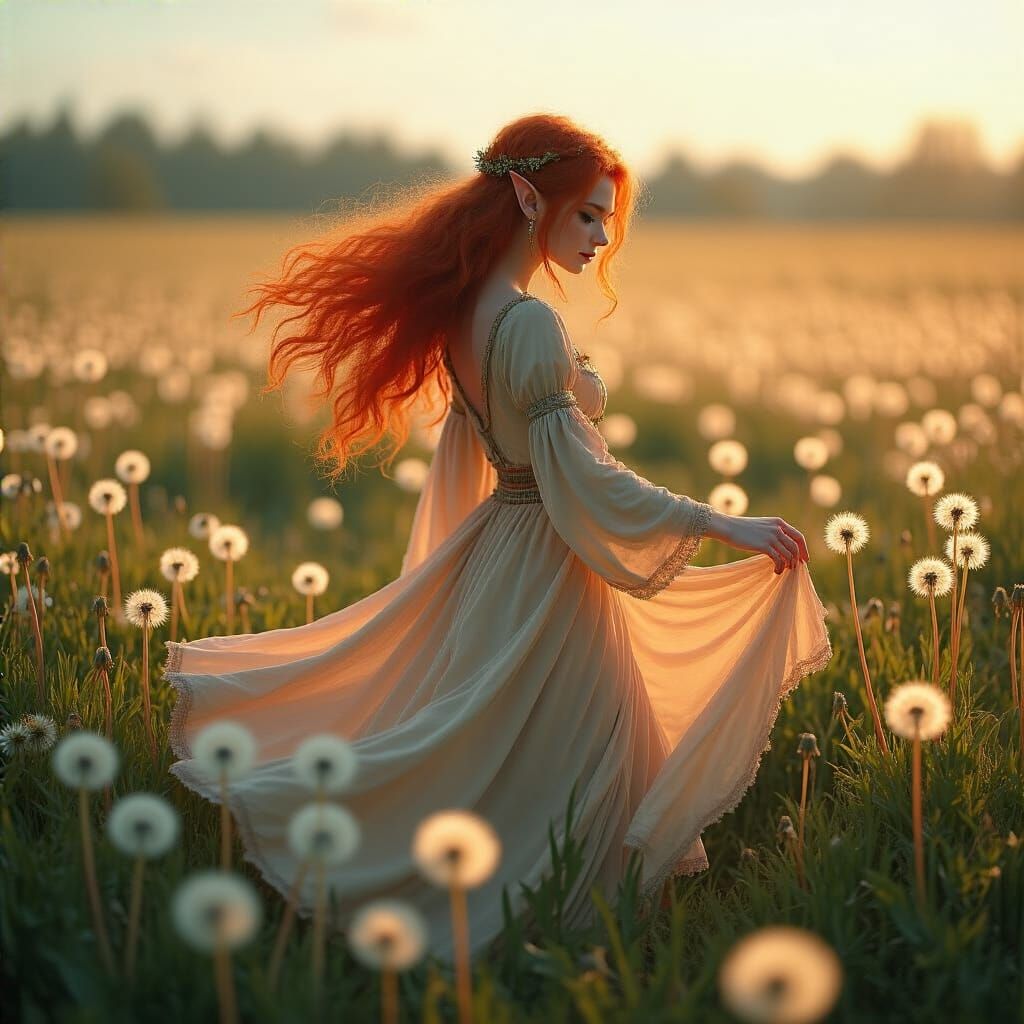 Red-Haired Elf in Dandelion Field, Cinematic Aesthetic