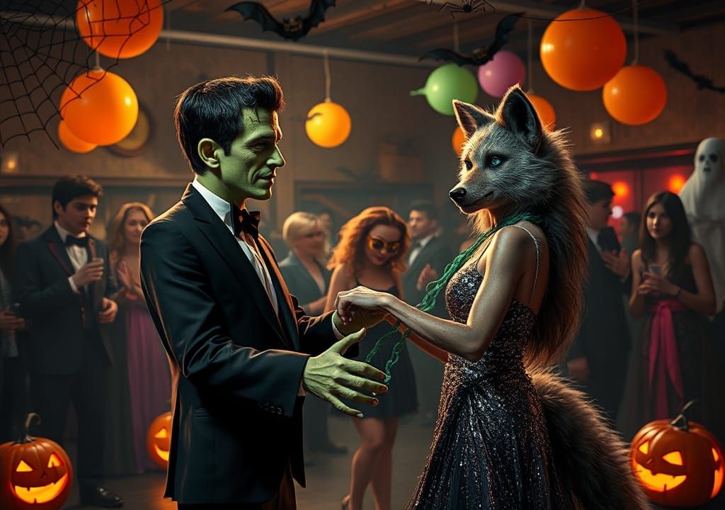 Frankenstein and Werewolf at Halloween Dance