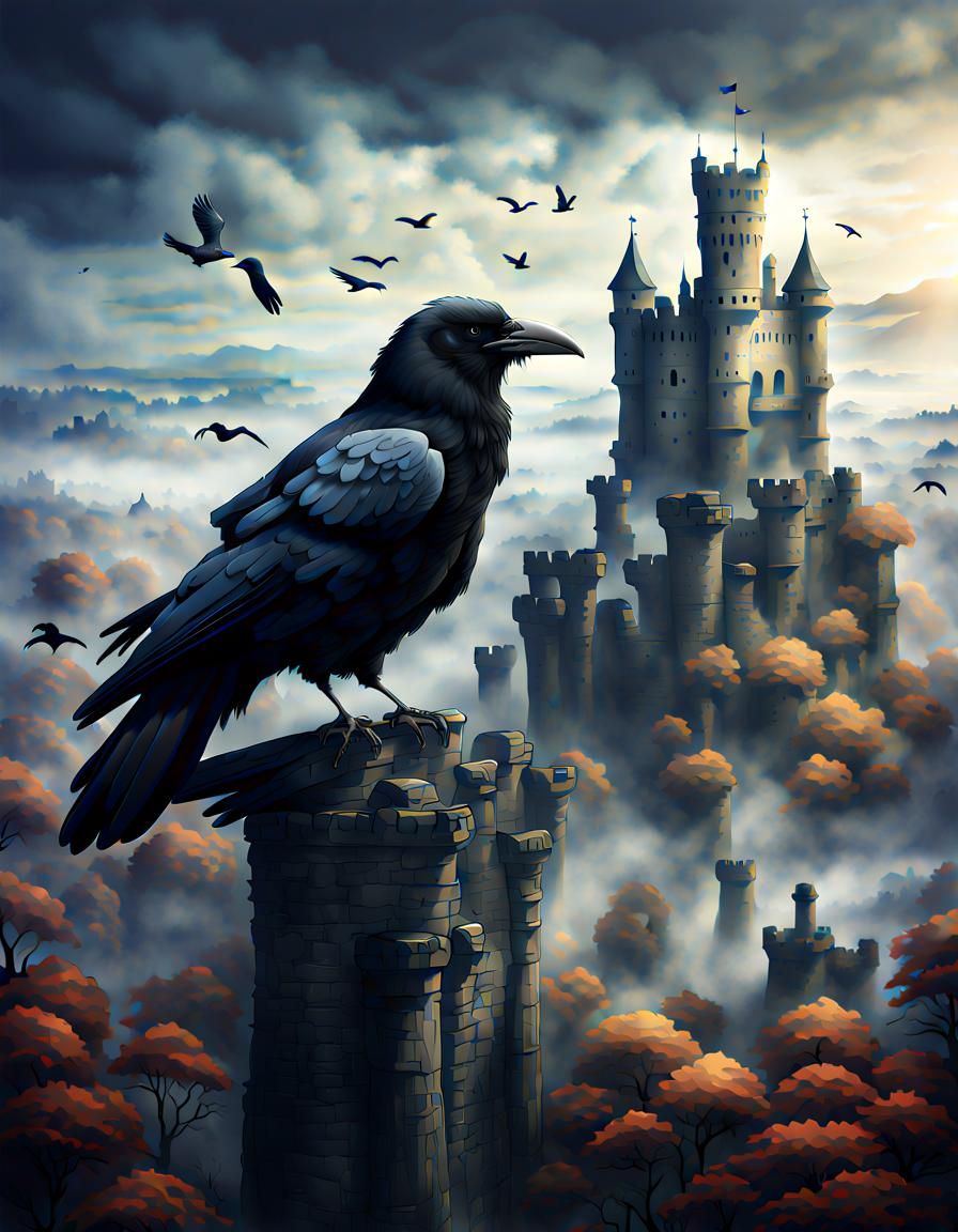 Fantasy Raven in Misty Castle Landscape