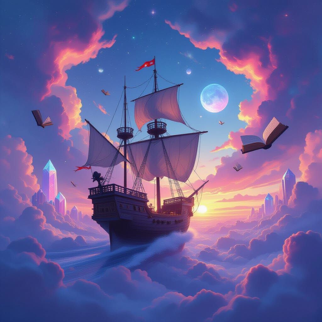 Galleon Sailing Through Dreamlike Sky with Nebulae