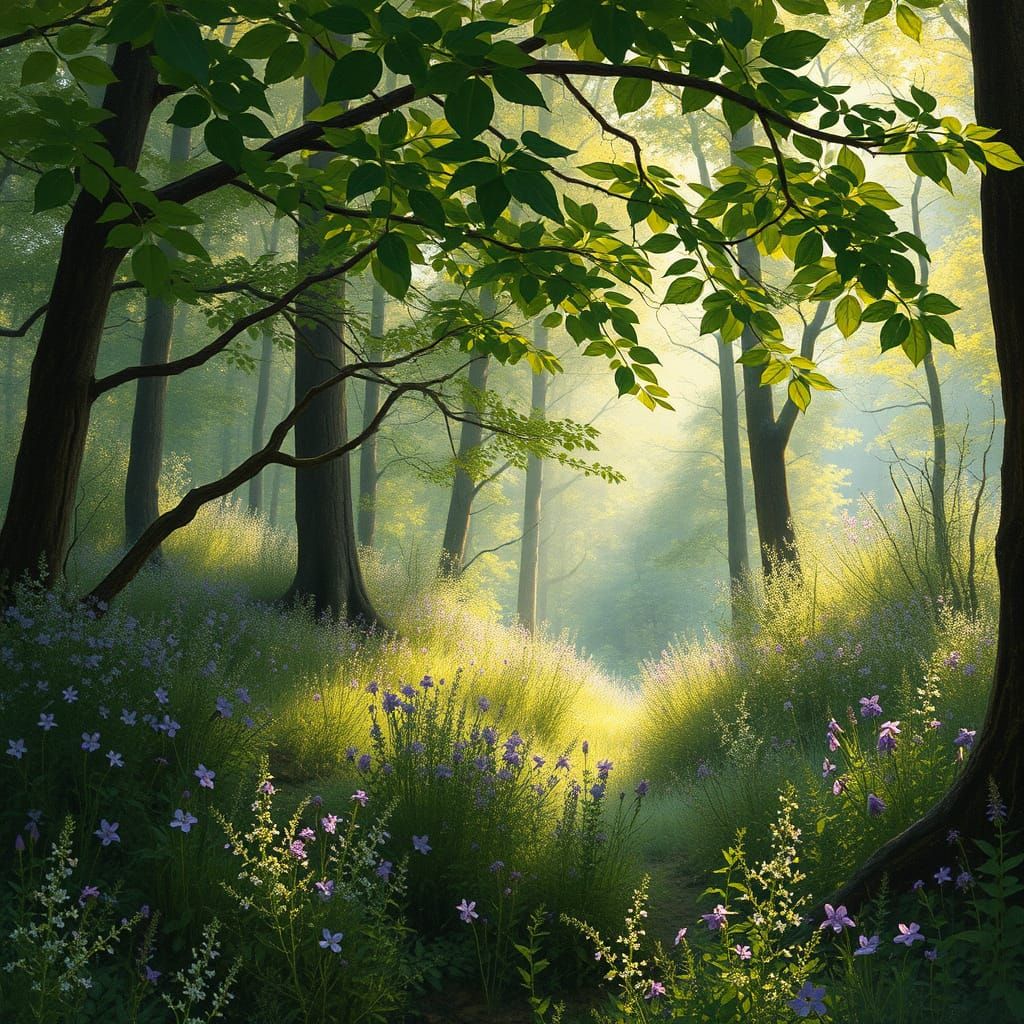 Mystical Forest Clearing with Abundant Wildflowers