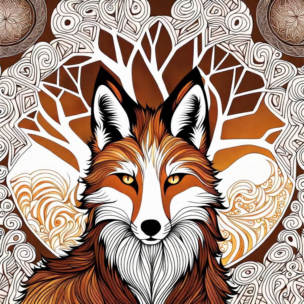 Hyperrealistic Fox Under Autumn Moon with Zentangle Patterns