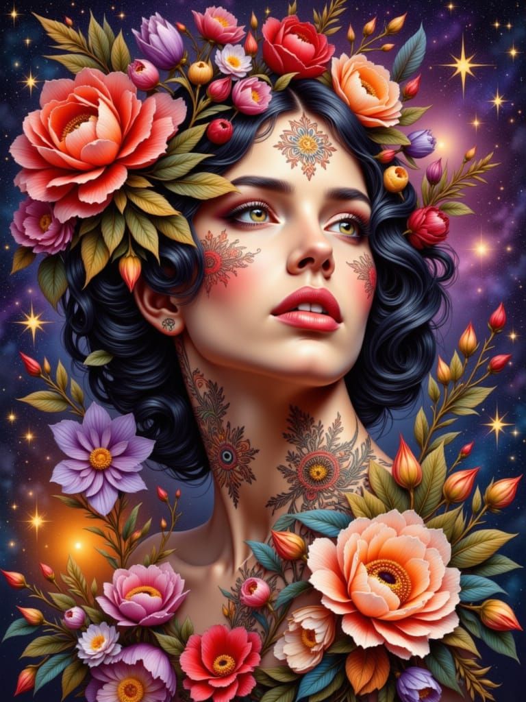 Hyperrealistic Woman Portrait with Floral Henna and Cosmic S...