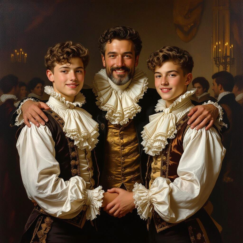 Elegant Ballroom Scene: Dapper Man With Two Teenagers in Bar...