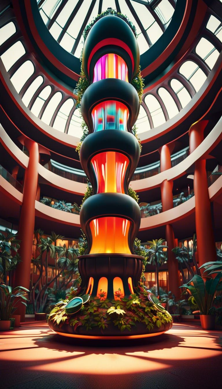 Ornate Retrofuturism Lava Lamp Lobby in 8K
