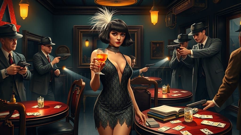 1920s Speakeasy Police Raid in Noir Style
