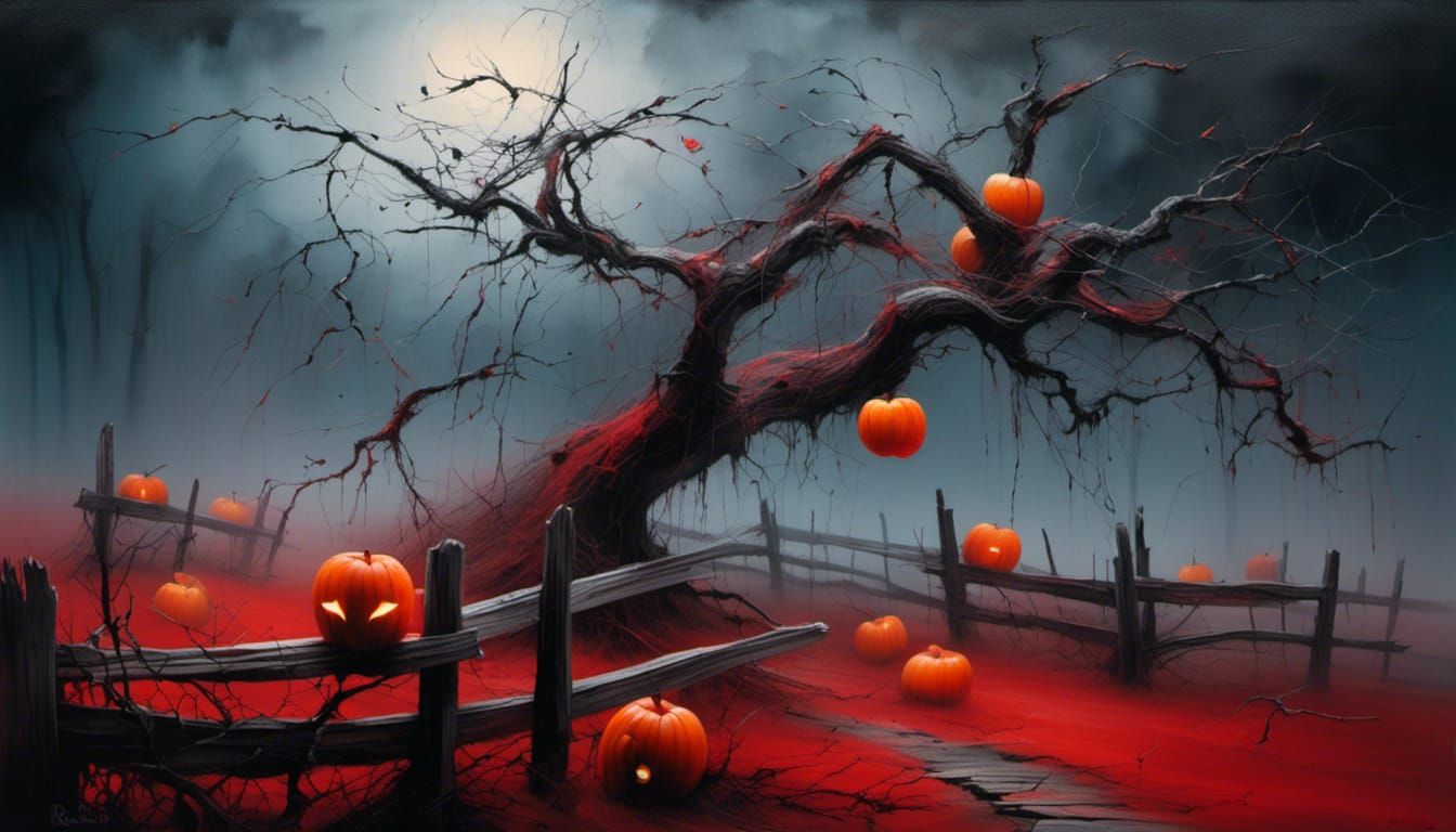 Surreal Apple Orchard with Jack O'Lanterns in Giger Style