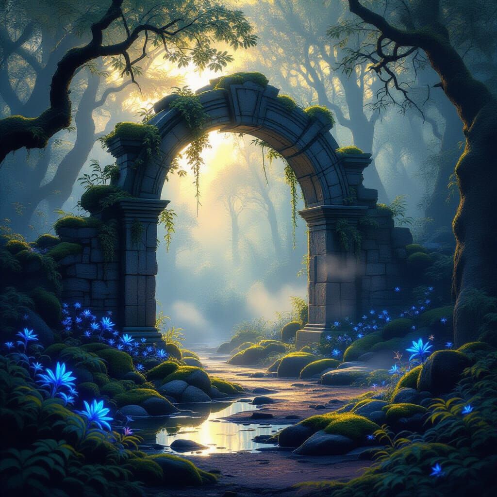 Ethereal Forest Archway in Golden Hour Mist