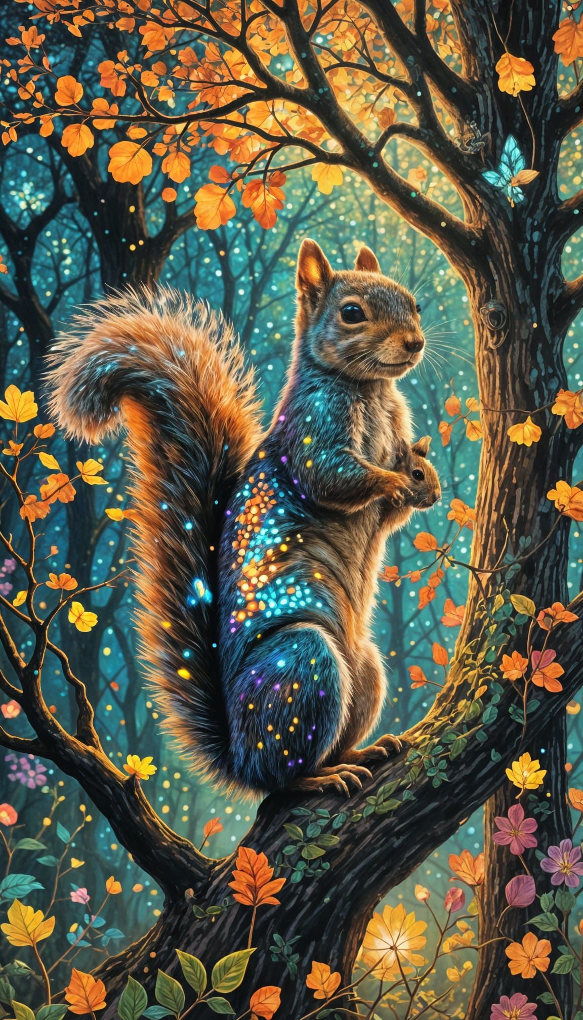 Ethereal Squirrel in Pointillist Style Next to Tree