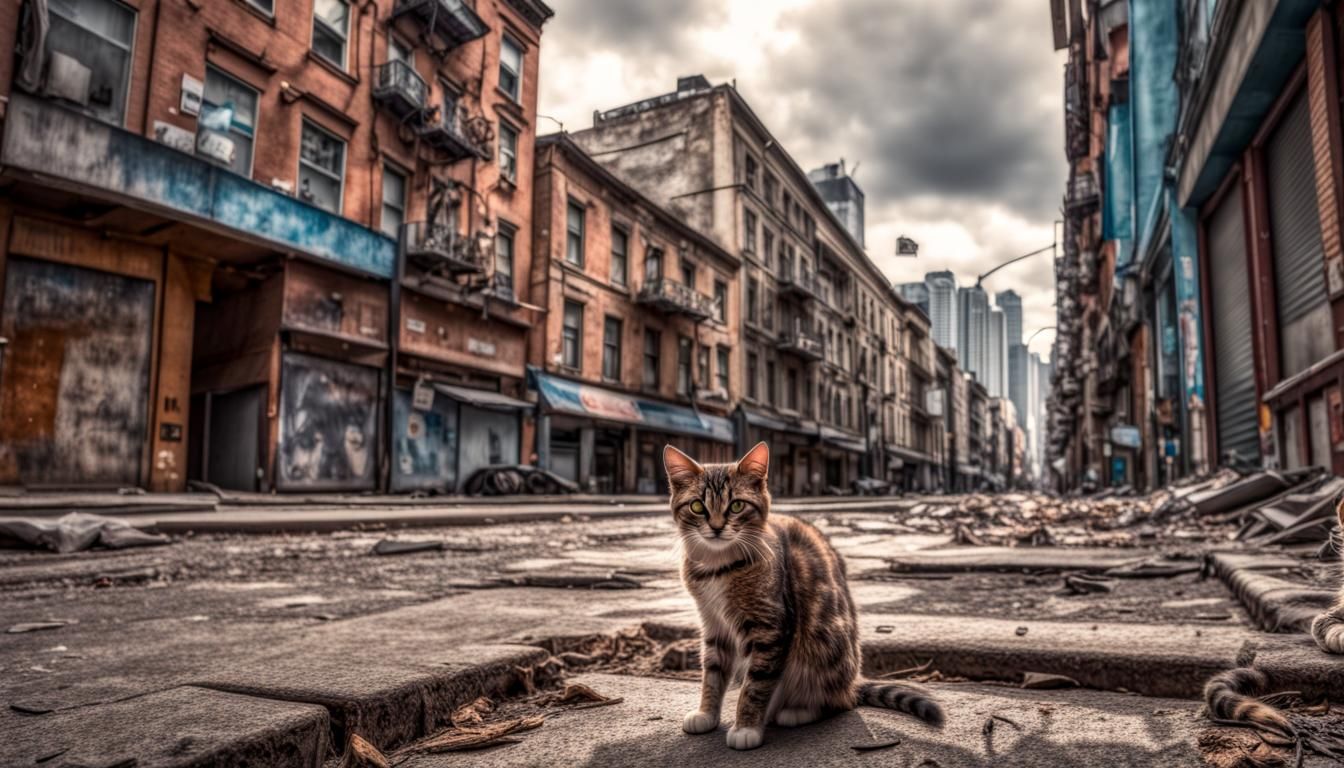 Cats Explore Deserted City in Hyperrealistic Digital Art