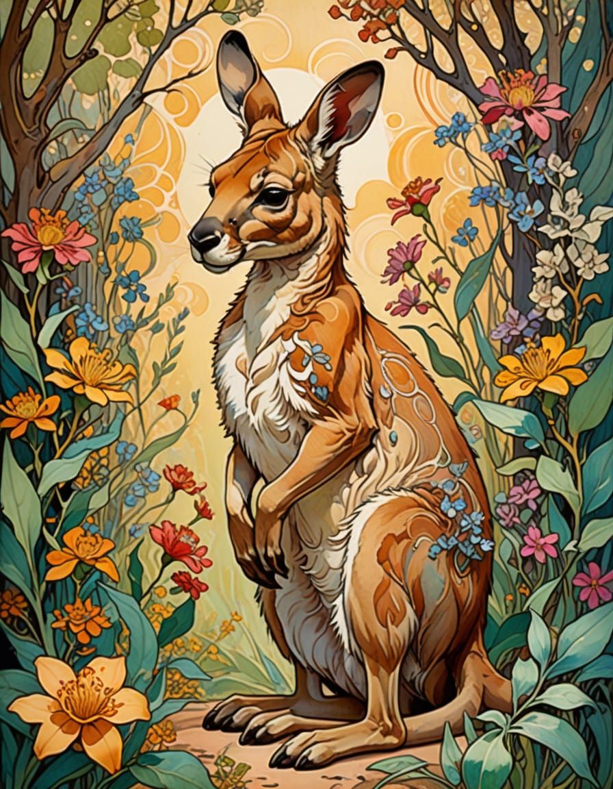 Vibrant Australian Bush Scene with Mother Kangaroo and Infan...