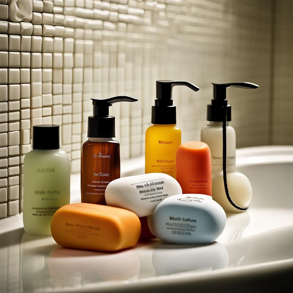 Hotel Toiletries in Modern Bathroom: Professional Photograph...