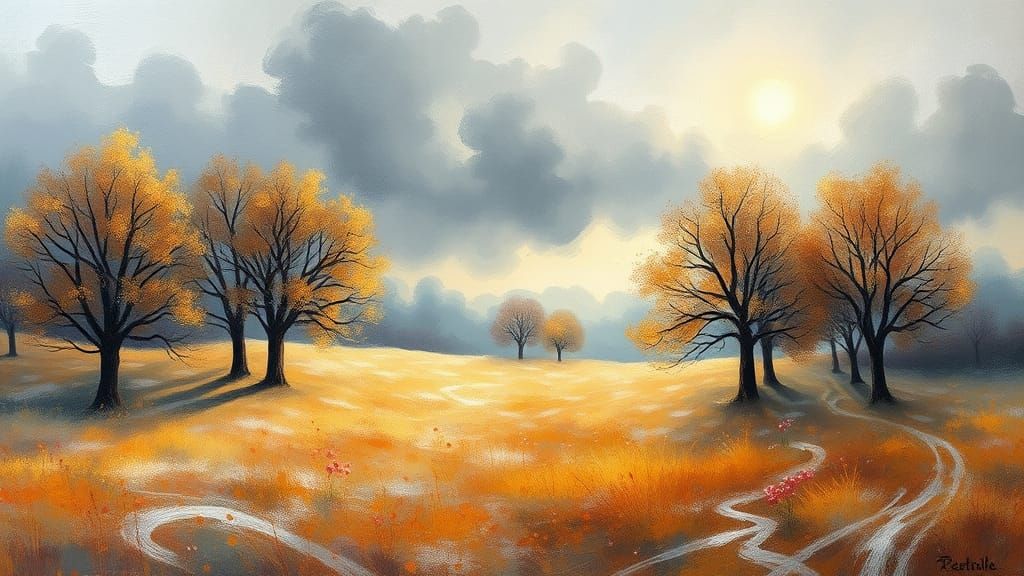 Winter Meadow: Impressionist Landscape with Swirling Clouds