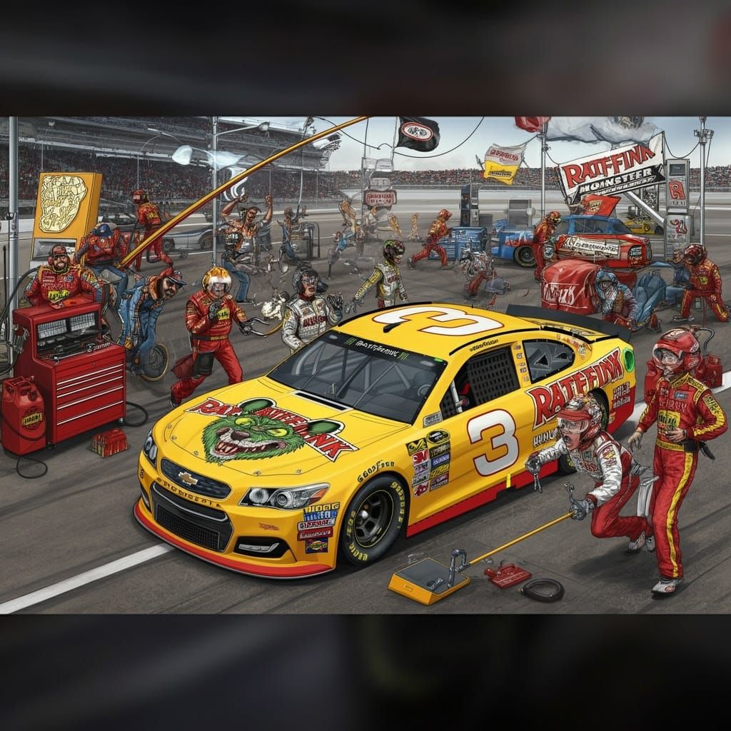 Vibrant NASCAR Pit Scene with Ed Roth-Inspired Car