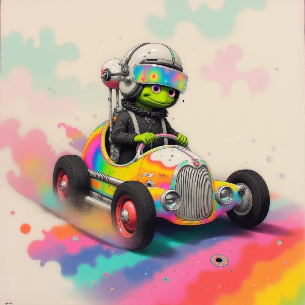 Kermit Races Over Rainbow in Kidcore Watercolor Style