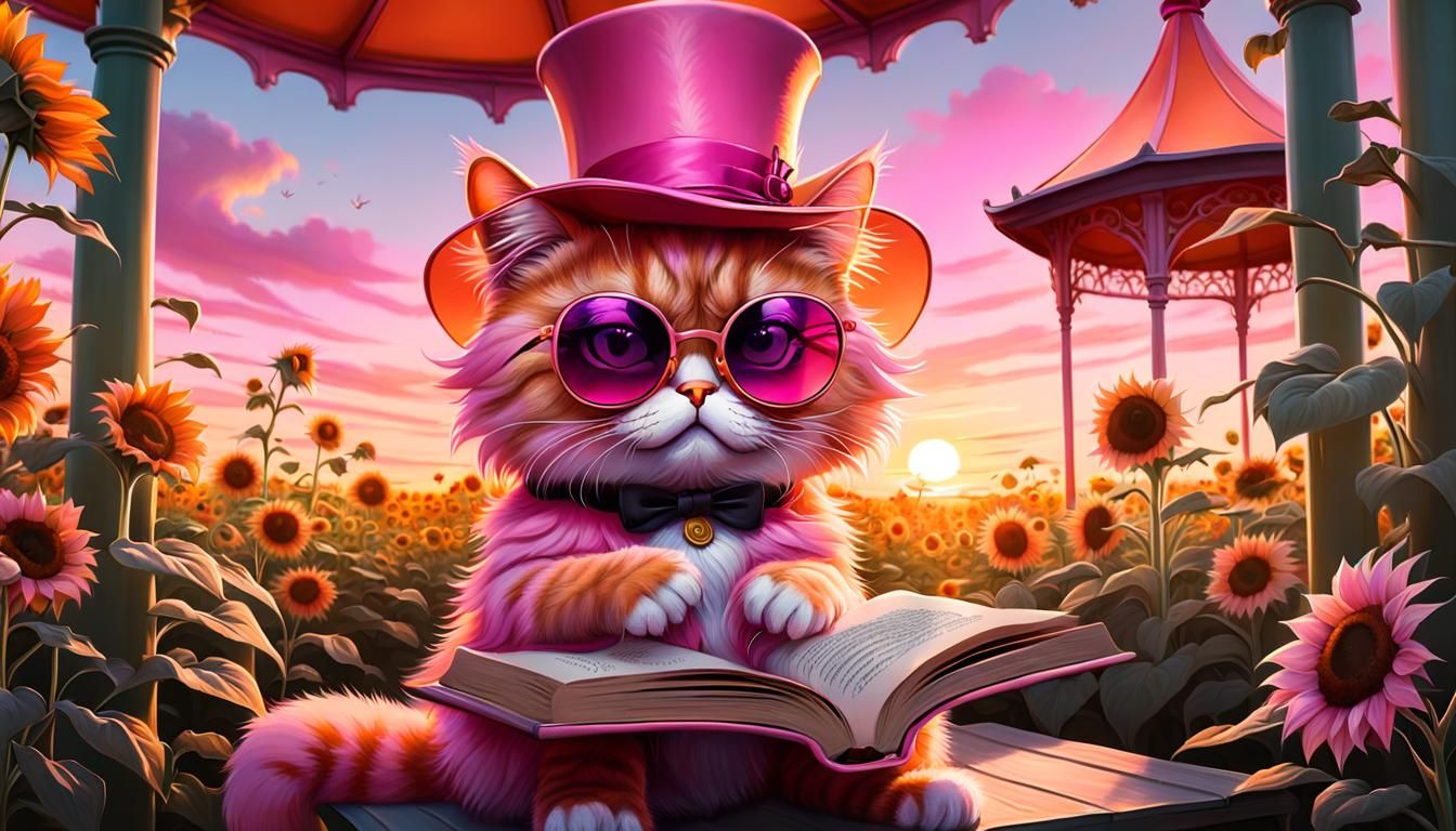 Vibrant Pink Cat in Sunset Sunflower Garden