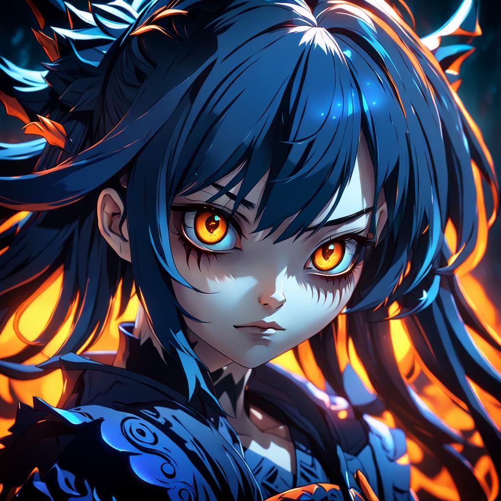 A cute realistic anime girl with evil expression and dark aura