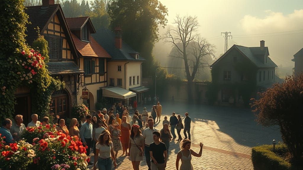 Vibrant Village Square Contrasted with Overgrown Twilight Sq...