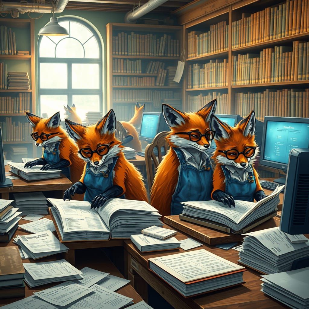 Furry Foxes Bind Field Manuals in Whimsical High School Libr...