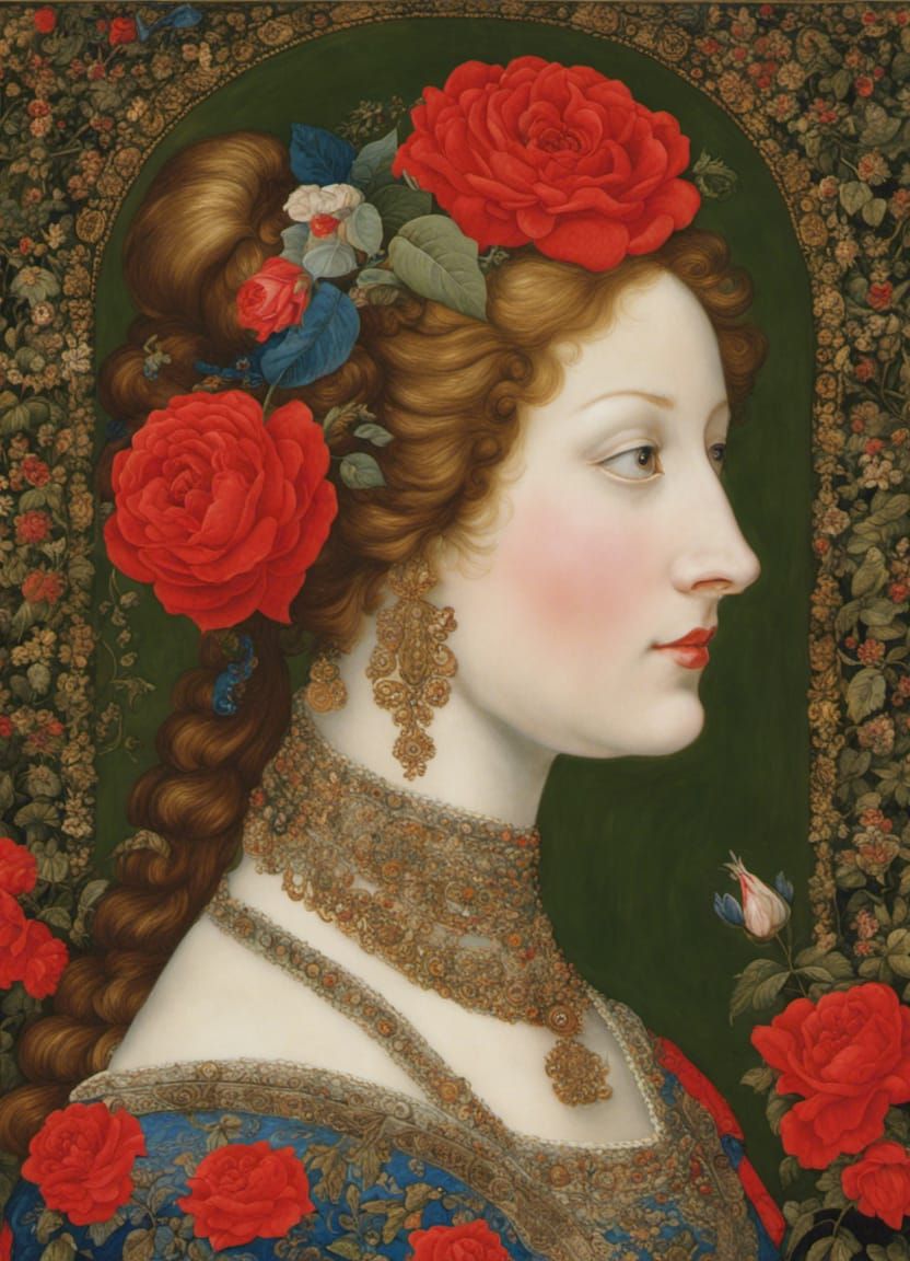 Portrait of Woman with Rose in Miniature Style