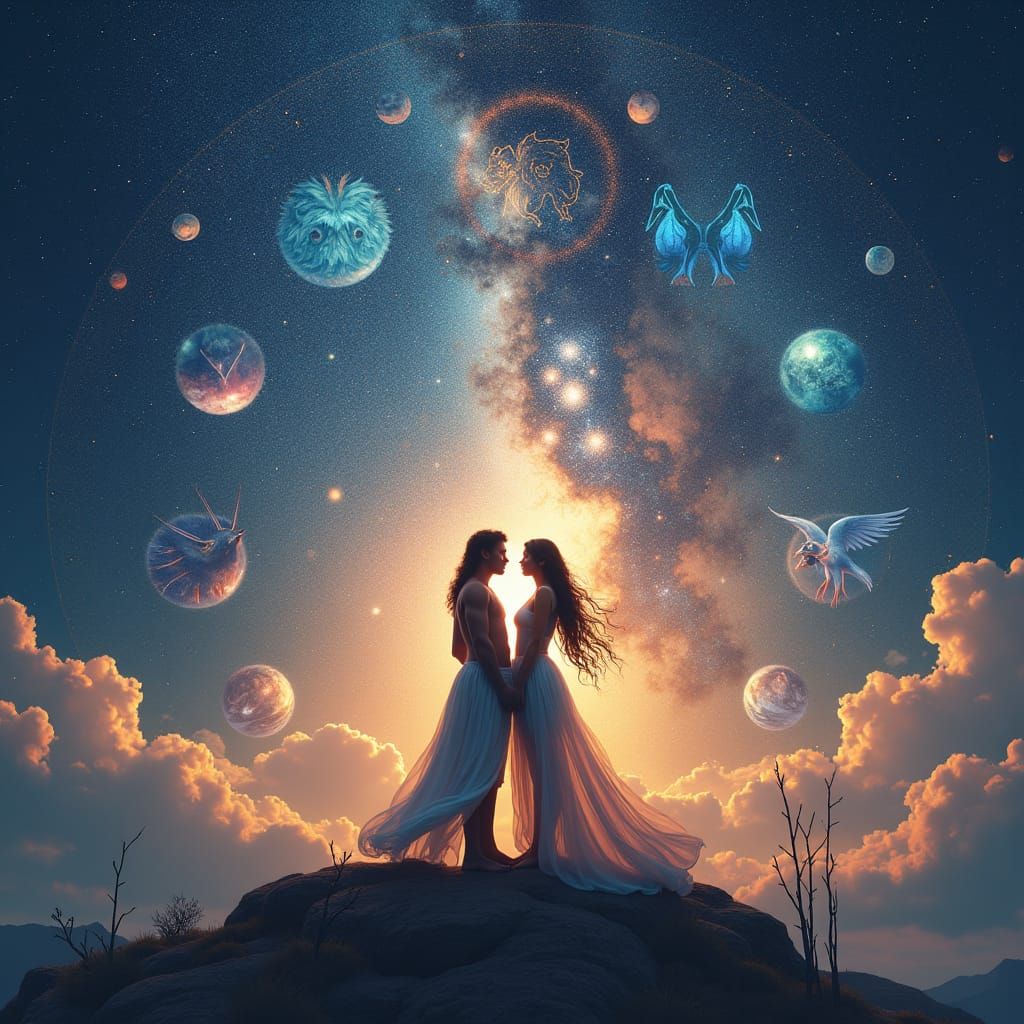 Zodiac Couple in Cosmic Fantasy Art Style