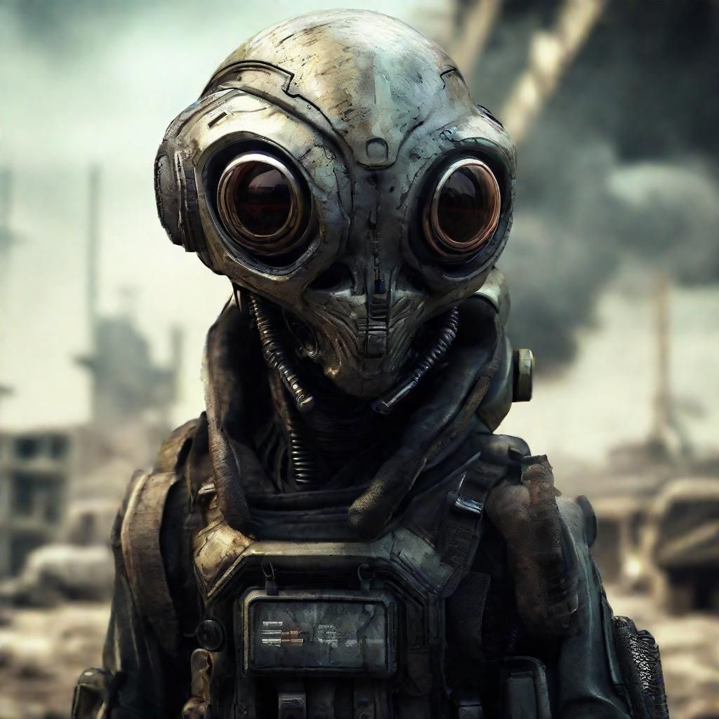 Alien Soldier in Ruined Sci-Fi Landscape