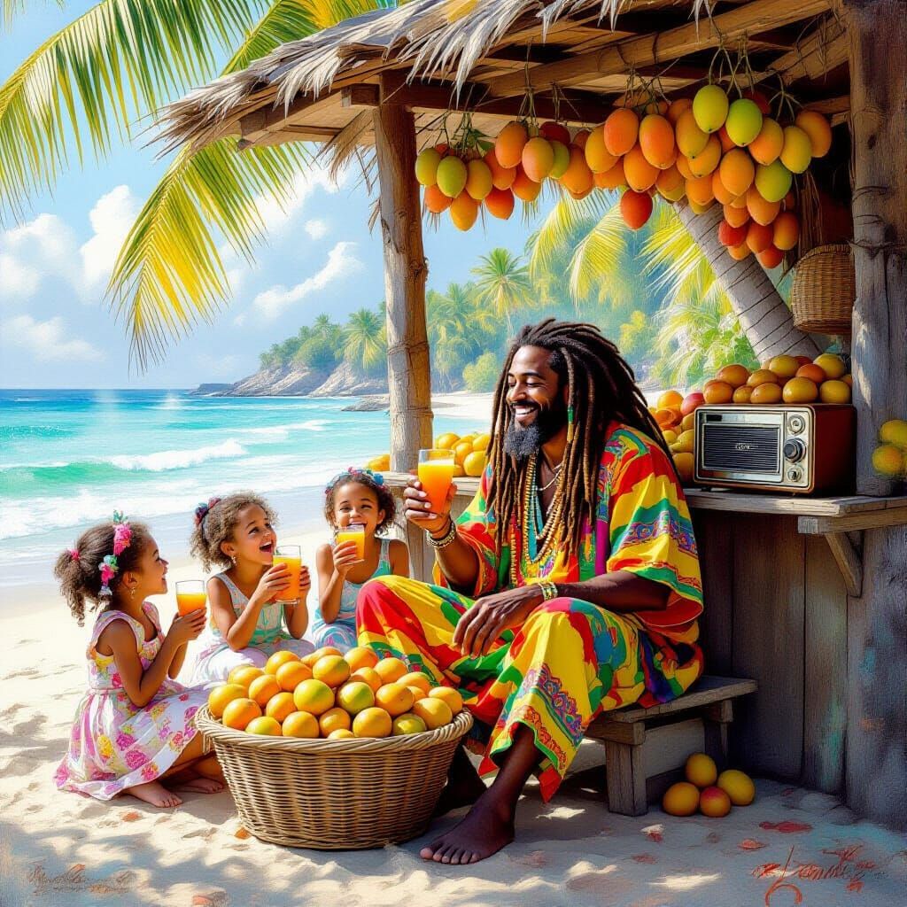 Vibrant Rastafarian Beach Kiosk in Impressionist Style