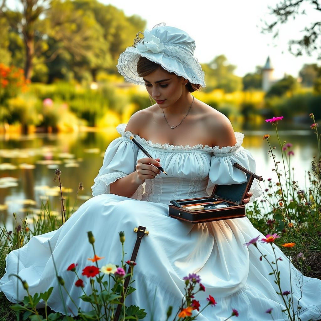 Victorian Lady Sketching Outdoors