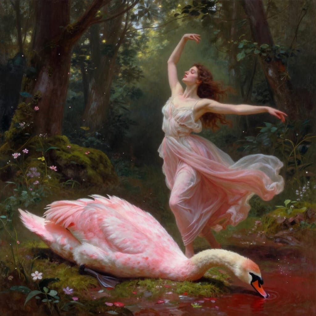 Woman Dances in Forest Beside Still Swan