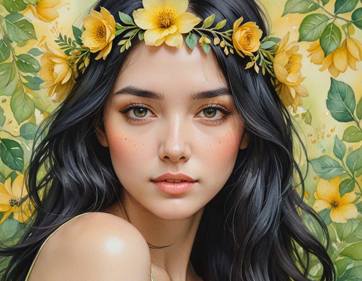 Whimsical Watercolor Portrait of Woman with Floral Headpiece