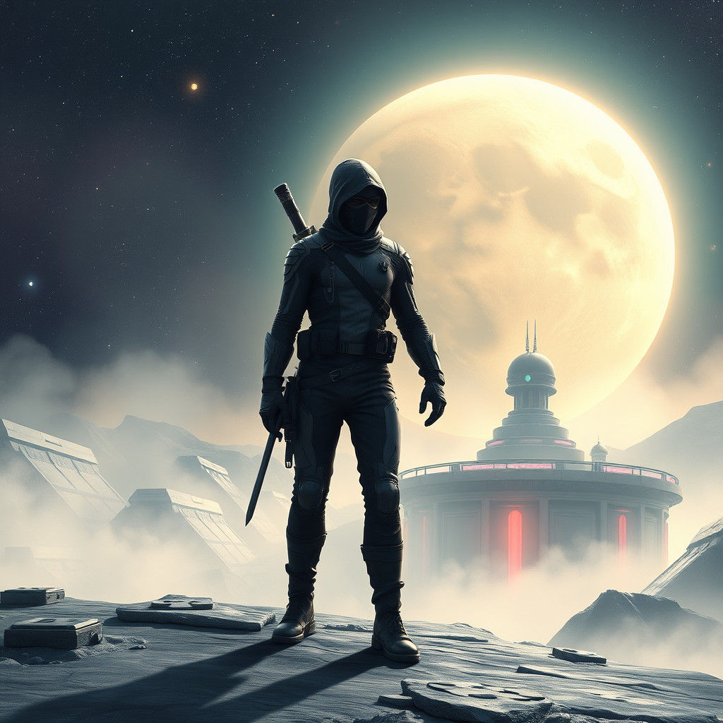Space Ninja on Neon Outpost in Cyberpunk Style