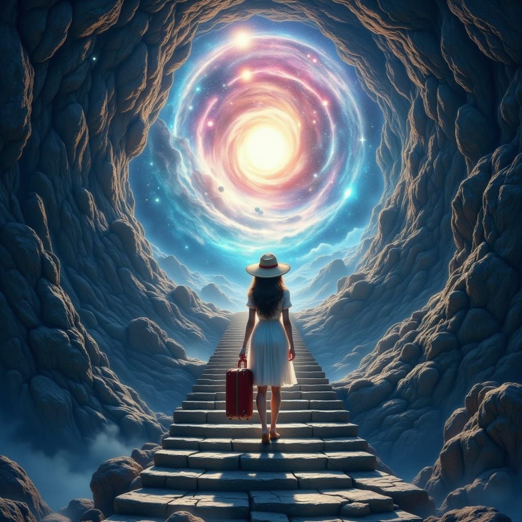 Woman Ascends Cosmic Staircase to Galaxy Portal in 3D CGI