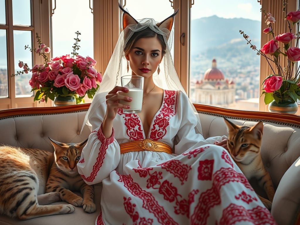 Greek Cat-Woman Lounging in Tbilisi, Baroque Style
